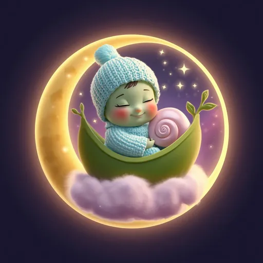 Shush Bean, a sleepy little bean in a pea-pod cradle on a crescent moon